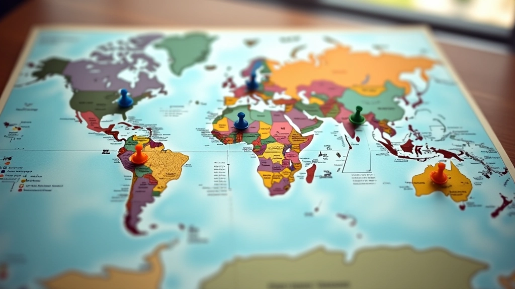 Physical world map showing different countries and regions